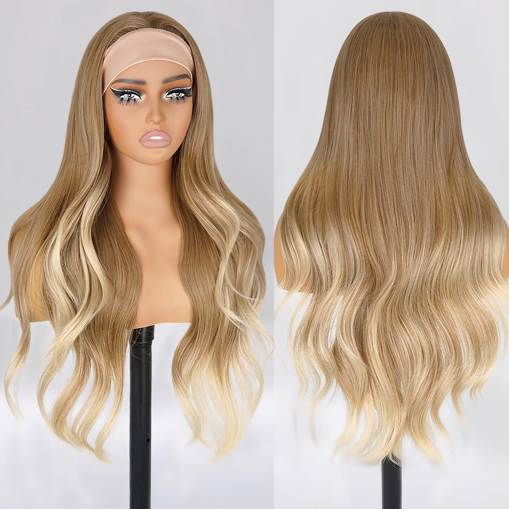 Long Wavy Headband Wigs for White Women, Gluless Wear and Go Half WIg, Natural Looking Synthetic Wig with Headband Attached Heat Resistant (Ombre Ash Blonde)