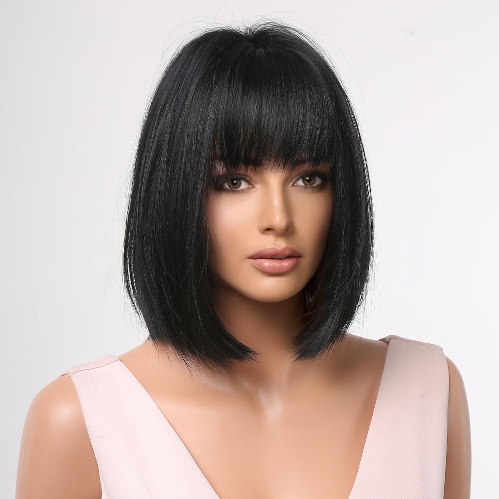 BERON Black Wig for Women Black Bob Wig Short Straight Black Wig with Bangs Synthetic Heat Resistant Wig Cap Included