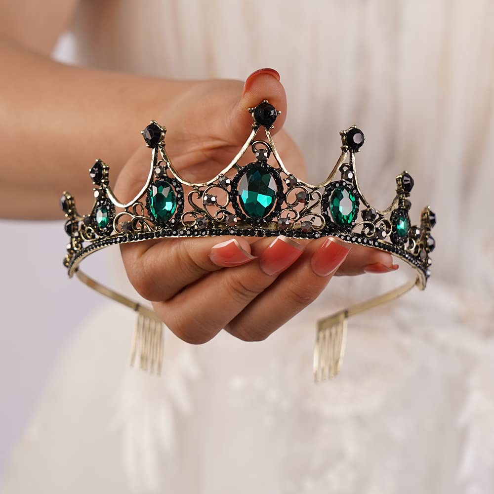 Wekicici Black Baroque Queen Crown Vintage Green Crystal Tiara with Comb Headband for Women Girl Halloween Costume Party Prom (green)