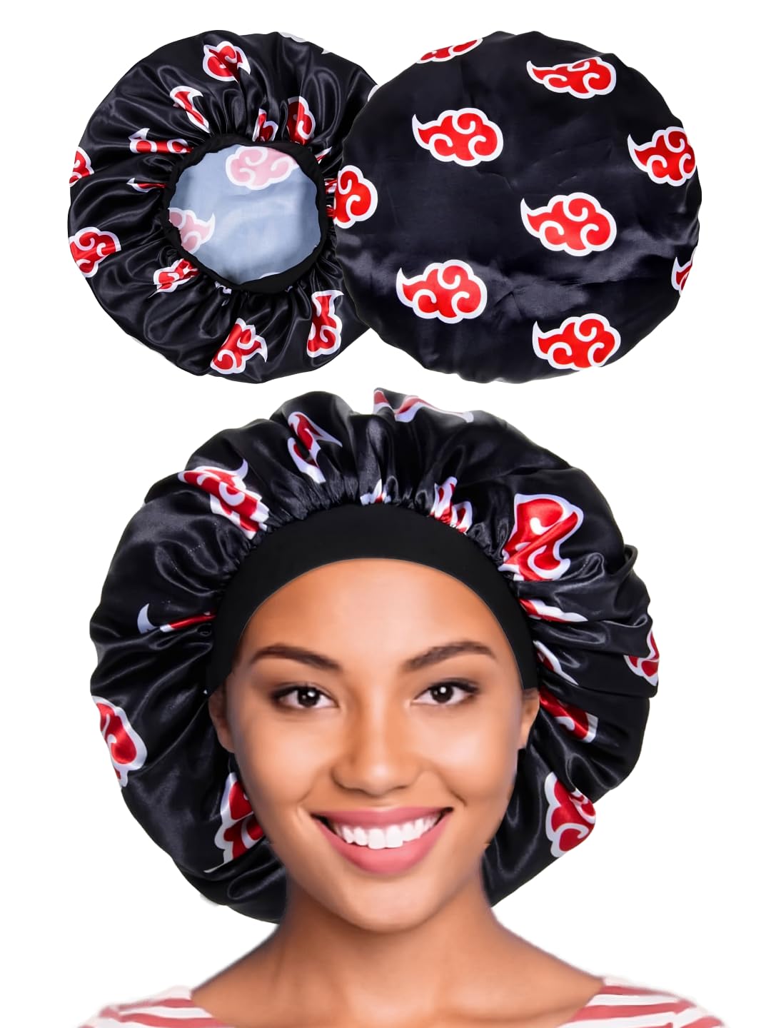 Red Black Cloud Large Bonnet - Silky Design Satin Bonnet with Elastic Soft Band African Head Wrap for Women