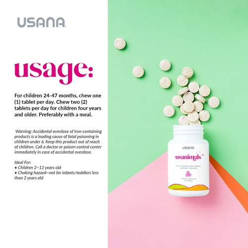 USANA Usanimals Multivitamin for Kids - Daily Chewable Tablets with Vitamins A, C, D, E, B6, B12, Zinc, Iron - Supports Immune, Bone & Brain Health - Essential Nutrients for Ages 2-12 - 56 Tablets