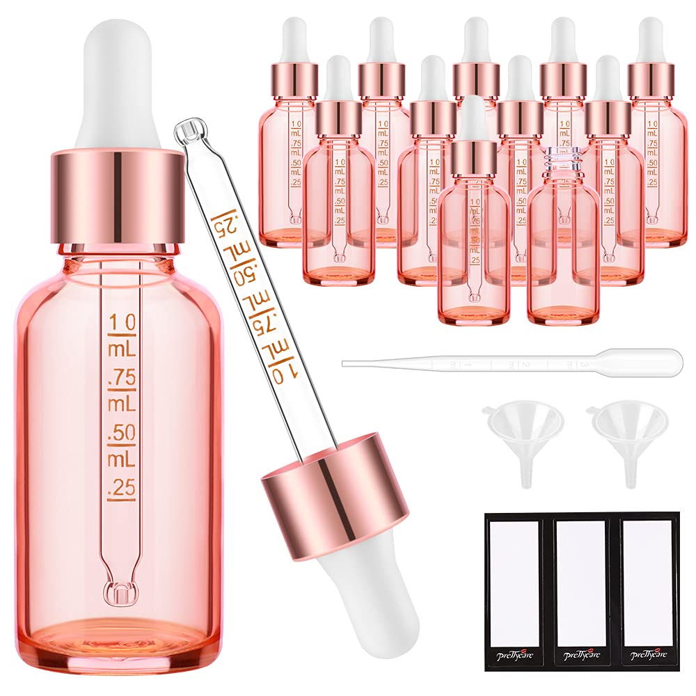 PrettyCare Glass Dropper bottle 2 oz (12 Pack Rose Eye Dropper Bottle 60 ml with Measured Pipettes, Golden Caps, Labels, Funnel) for Essential Oils, Beard Oil, Body Oil