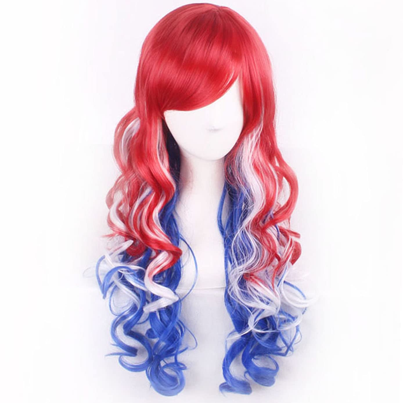 BERON Long Wavy Wigs for Women with Bangs 4th of July Cosplay Costume Anime Hair Wigs (Red White Blue Mixed)