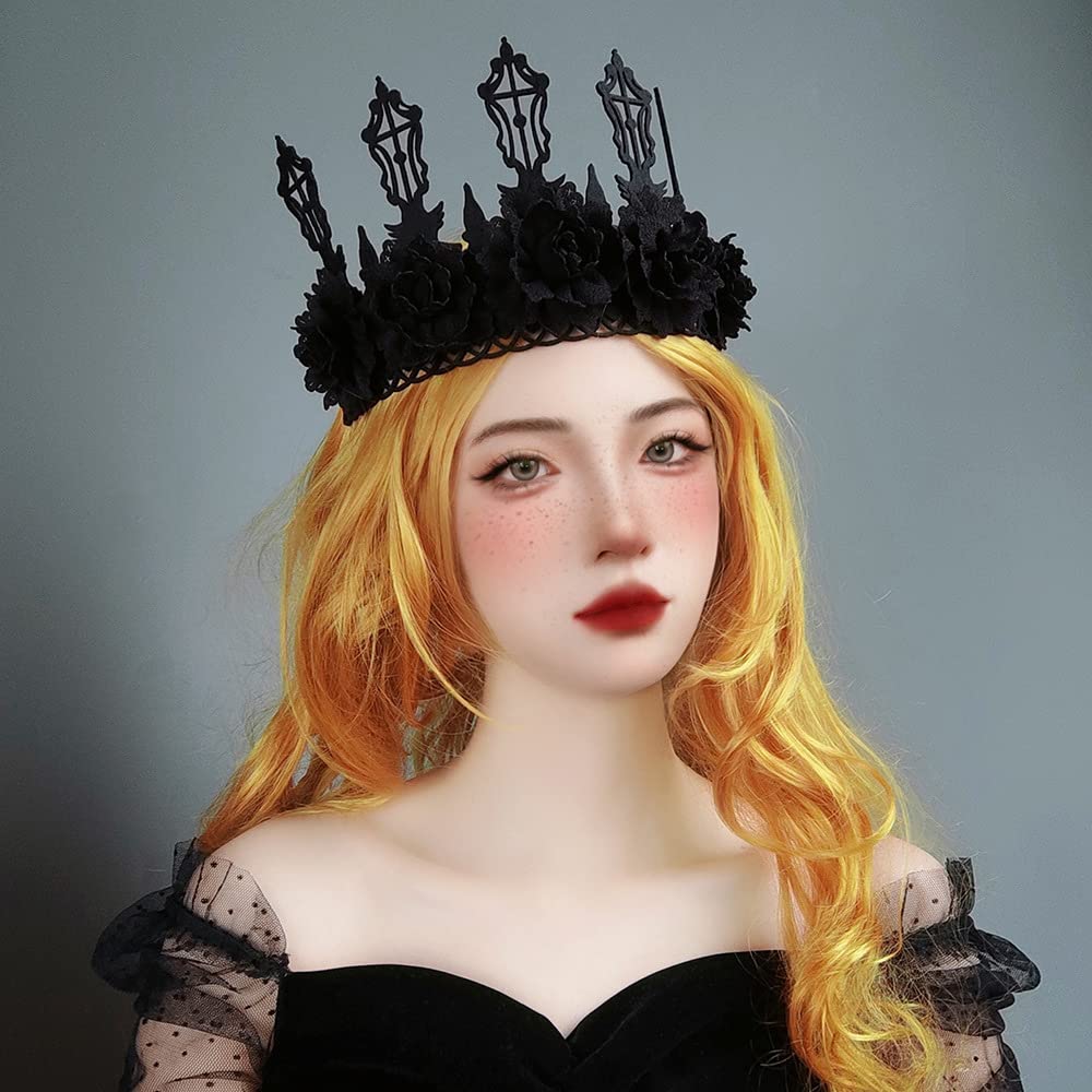 Love Sweety Halloween Vintage Crown Rose Headband Gothic Floral Headpiece (Black Cross Crown)