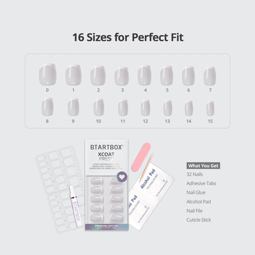 BTArtbox Press On Nails - White French Tip Press on Nails Square, Glue On Nails for Wedding Gift, Supremely Fit & Natural Stick On Nails in 15 Sizes - 30 Fake Nails Kit, Classic French