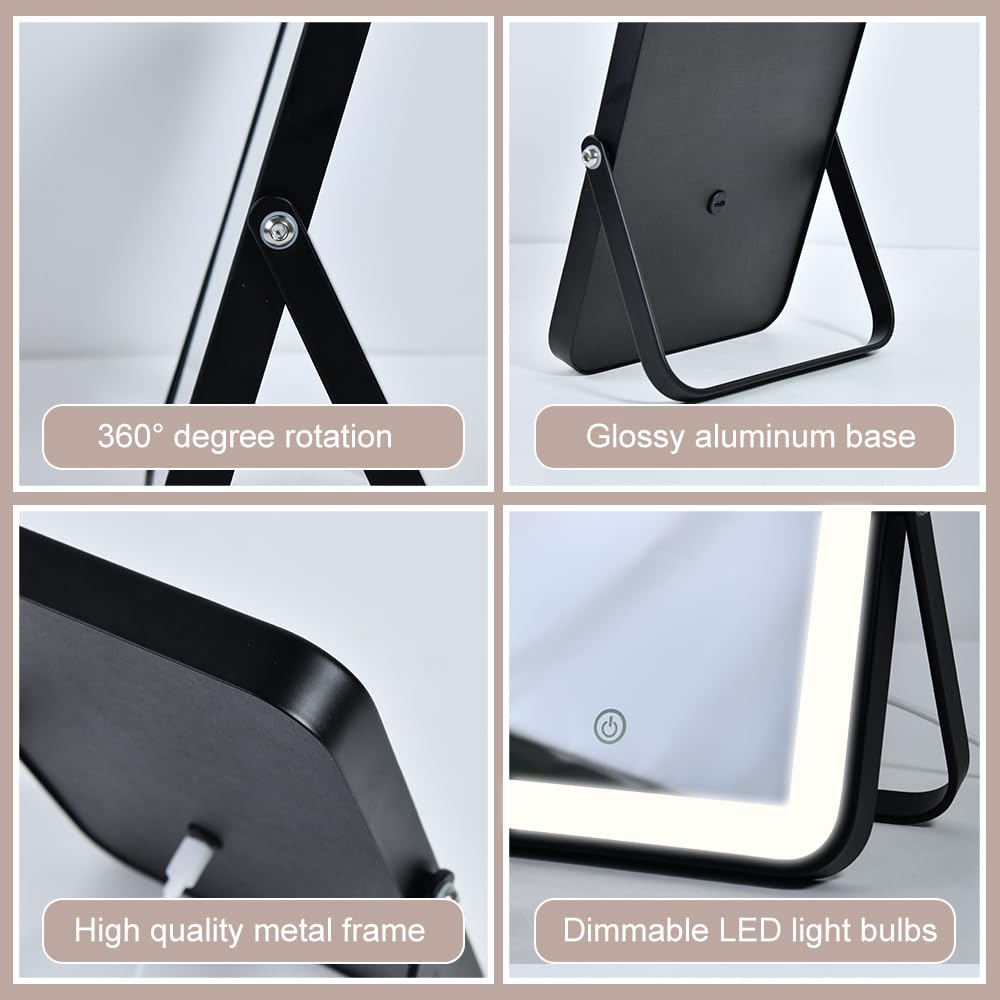 YEKKOPT Rechargeable Makeup Vanity Mirror with Lights, Small Desk Makeup Mirror with Lights, 3 Lighting Modes, Dimmable Touch Screen, Tabletop Light up Mirror