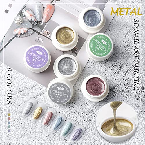LOKFAR 6 Colors Metallic Nail Polish Nail Art Gel Polish Set, 3D Reflective Metallic Painted Nail Gel Liner Nail Art Polish Emboss UV Gel Nail Polish Gel Paint Nail Painting Kit for DIY Art Nail Salon