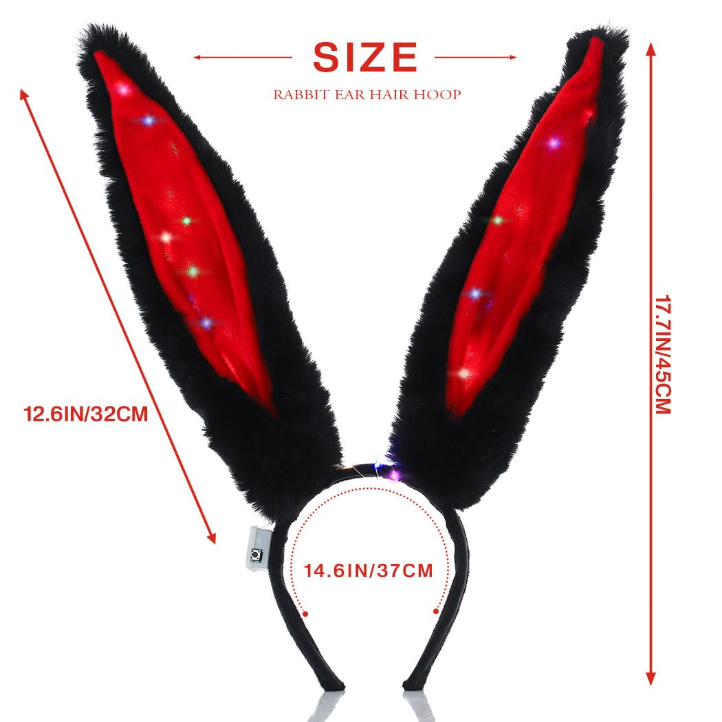 Uranian Light Up Bunny Ears Headbands Black Rabbit Ears Hair Band Led Bunny Headband Flashing Furry Ears Headwear Cosplay Party Costume Hair Accessories for Women and Girls