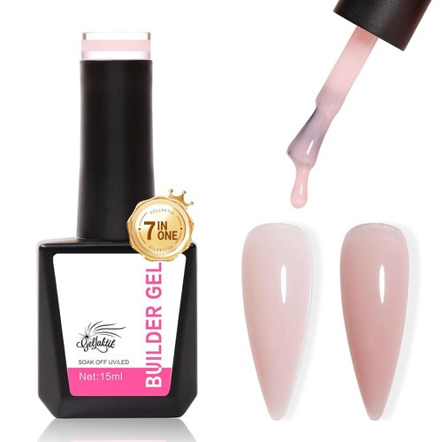 GELLAKTIK Builder Gel for Nails, 15ml 7 in 1 Builder Gel Nail Polish, LED Lamp Cured for Clear Rubber Base & Strengthener Extensions, Thickening, Repair, Salon-Quality DIY Manicure (Nude)