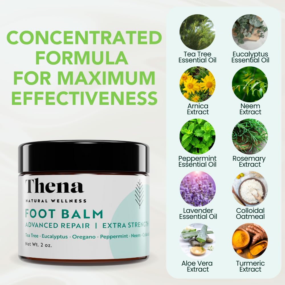 THENA Natural Wellness Athletes Foot Balm Extra Strength, Athletes Foot Treatment Cream, Heals Dry Cracked Feet Heels Itchy Skin Nails Toenails Advanced Foot Care for Men Women