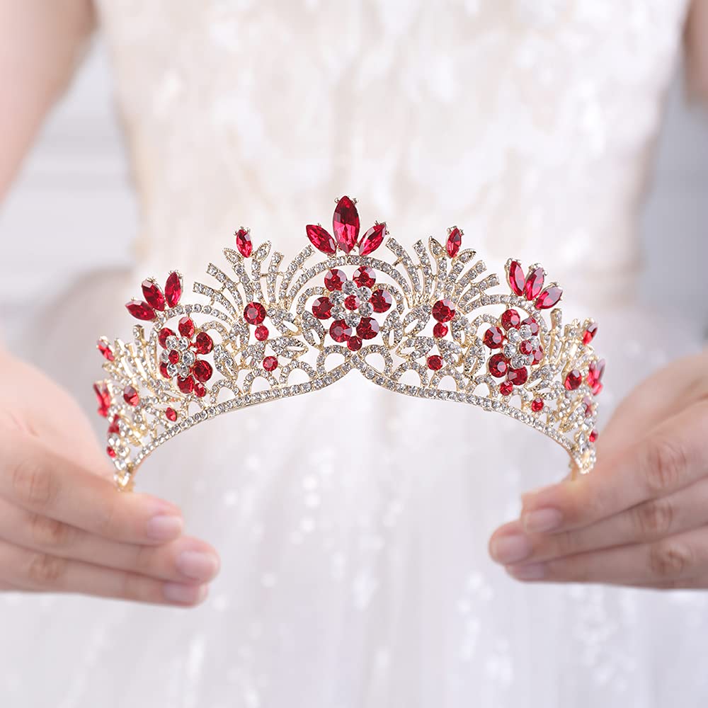 JWICOS Rhinestone Crystal Princess Bridal Wedding Tiara Crown for Women (Red)