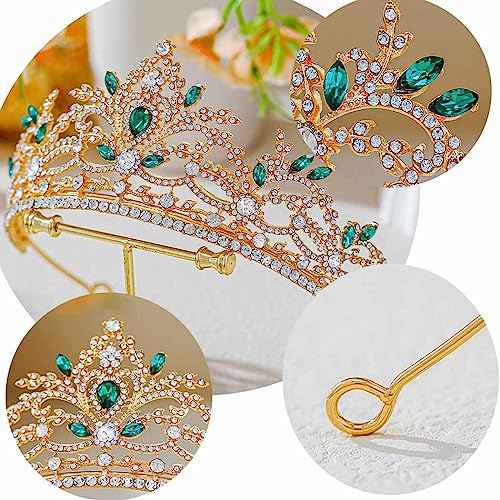 Foyte Baroque Queen Crown Wedding Rhinestone Tiara Gold Bride Crystal Hair Accessories Princess Gemstones Headband Crowns for Women (green rhinestone)