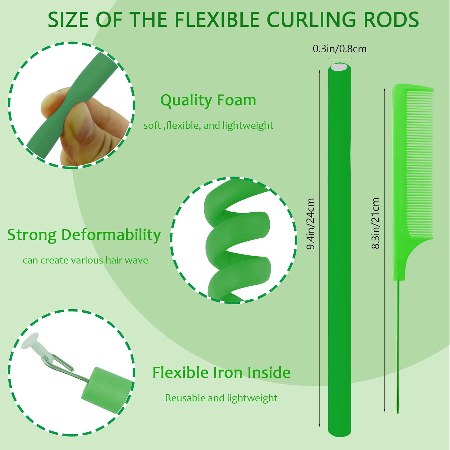 BIEAEIA 60 Pieces Flexible Curling Rods, Soft Foam No Heat Twist Flexi Hair Rods Rollers for Long Hair Short Hair Women Girls, Green (9.45 x 0.31)