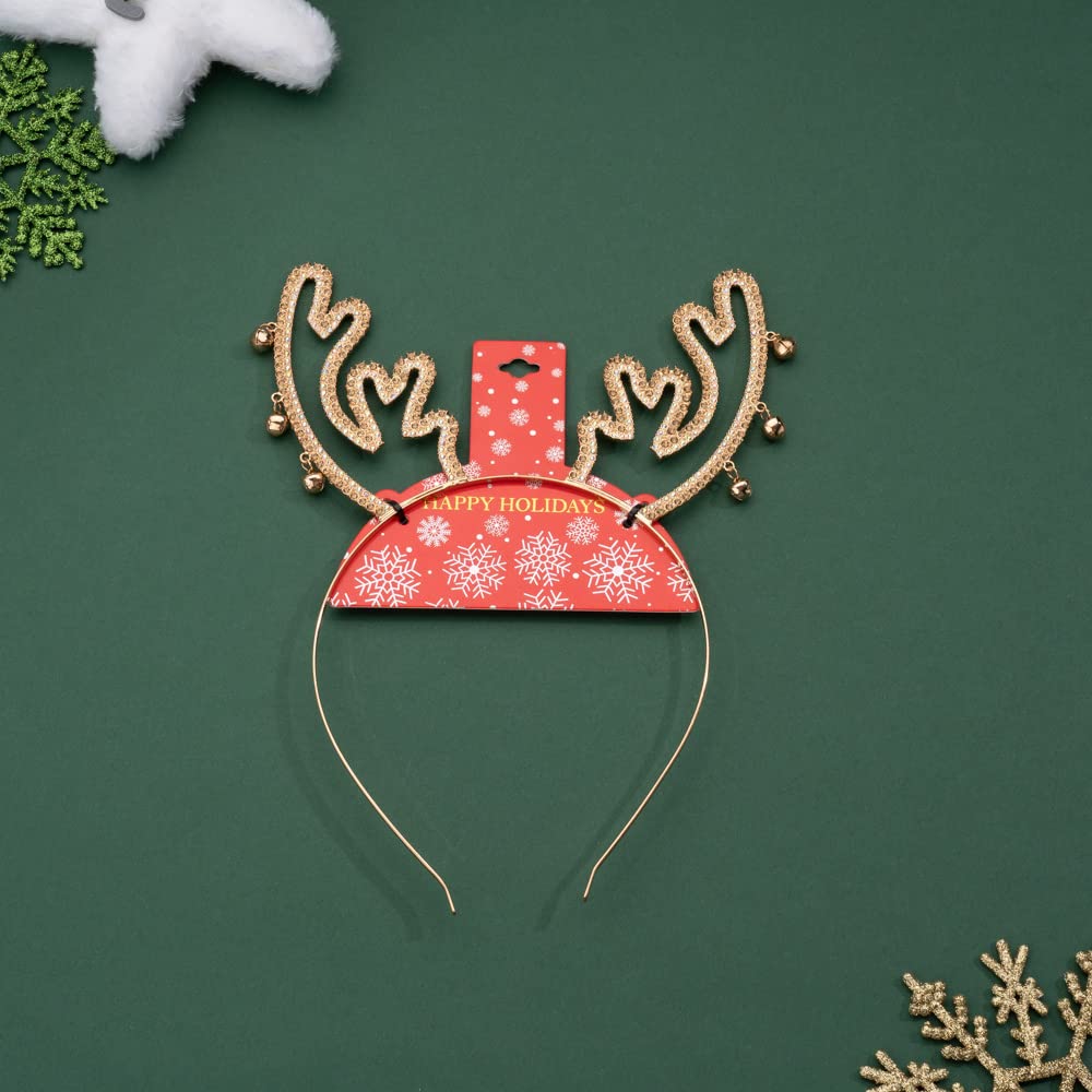 Madison Tyler Christmas Gold Reindeer Antlers with Jingle Bells Headband | Cute Rhinestone Headbands for Christmas | Holiday Gifts for Girls Kids and Women