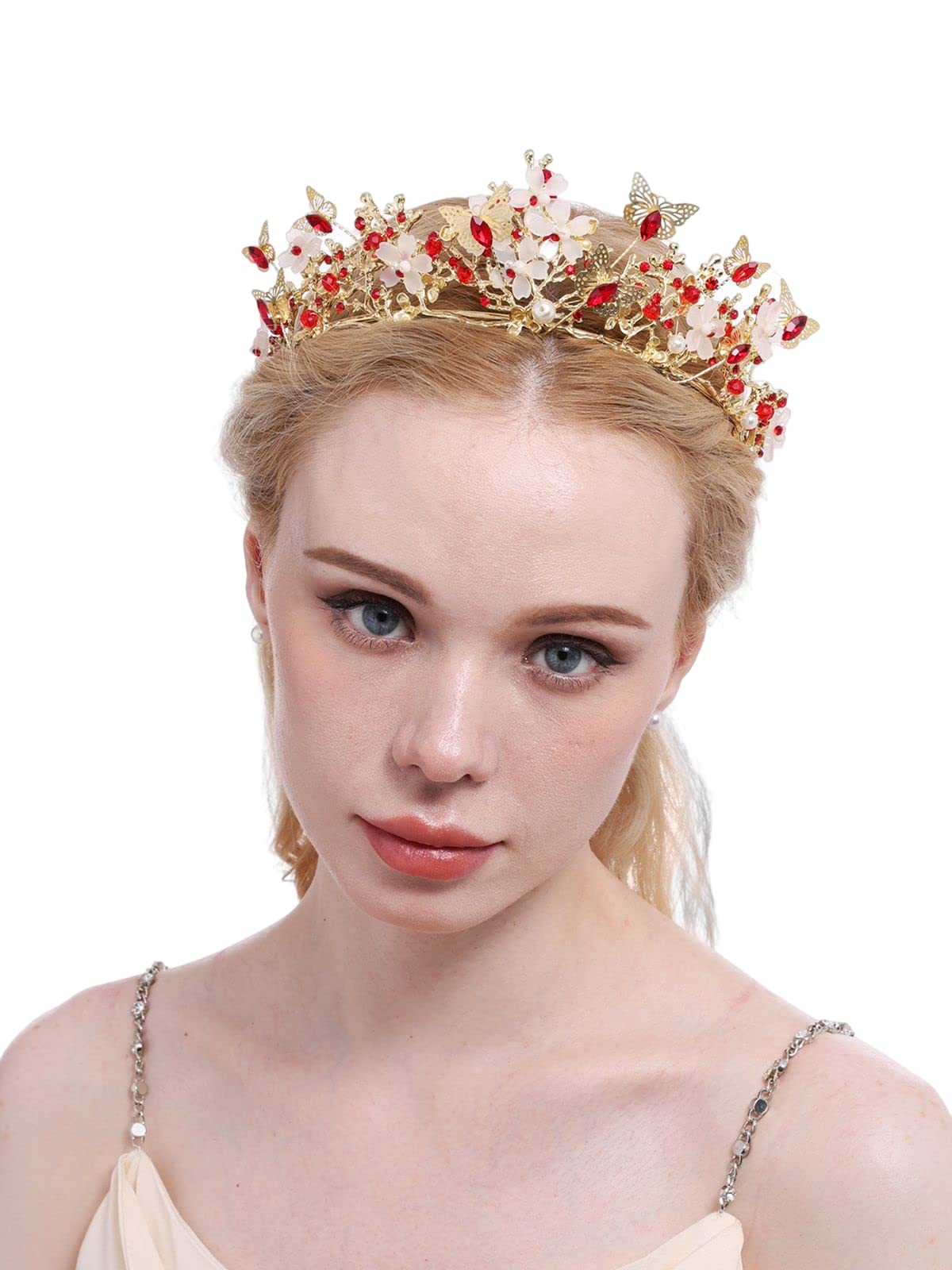 Brihasory Butterfly Queen Birthday Crowns Gold Tiaras for Bride, Crystal Royal Princess Wedding Rhinestone Headband, Costmue Party Christmas Halloween Black Prom Headpiece for Women and Girls (Red)