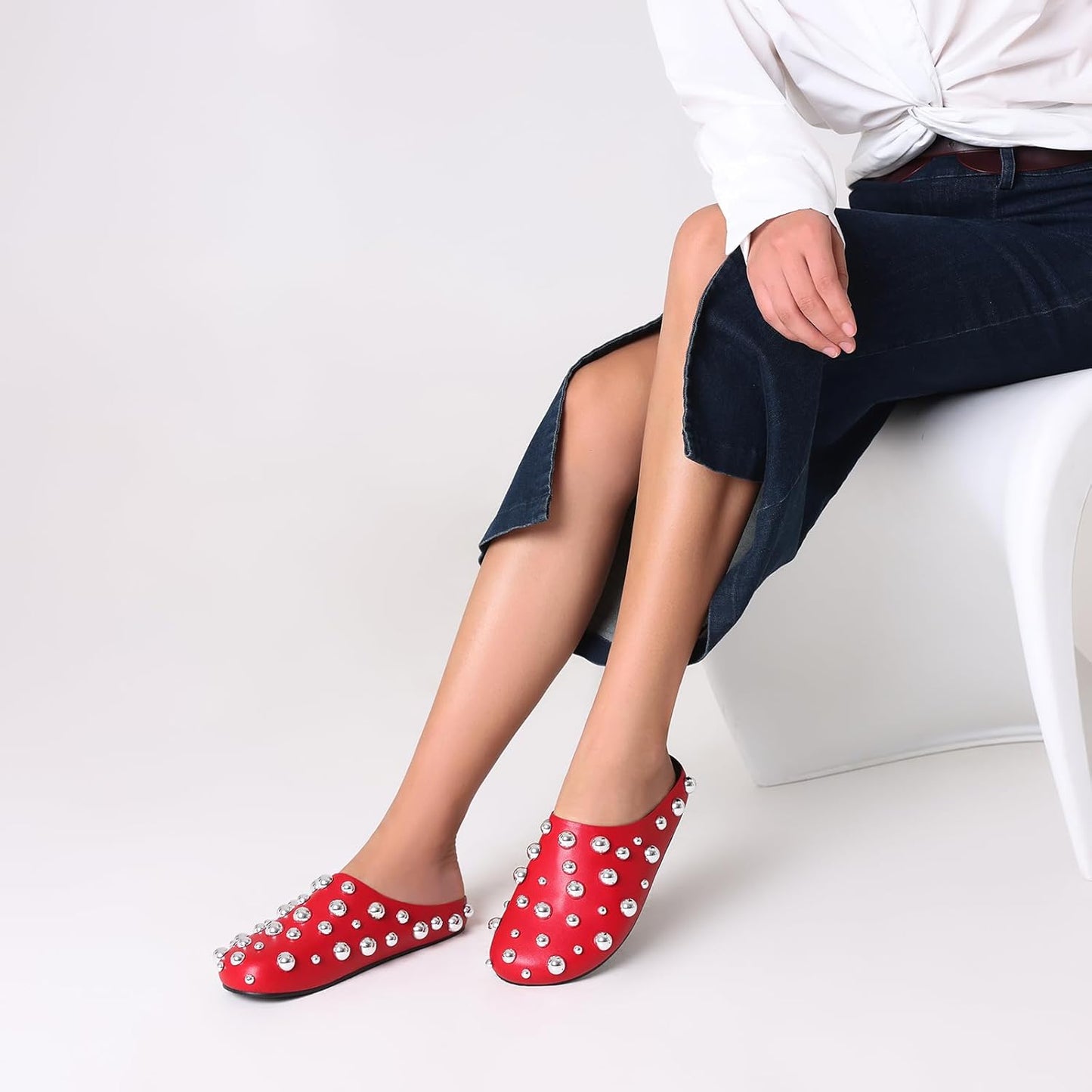 Skiennix Studded Flat Mules - Sparkly Metallic Closed Toe Slippers | Comfortable Backless Clogs
