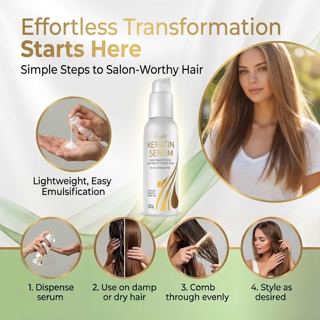 VITAMINS Keratin Hair Serum Oil - Anti-Frizz Treatment for Dry, Damaged Hair | 4.25 fl oz with Biotin & Collagen