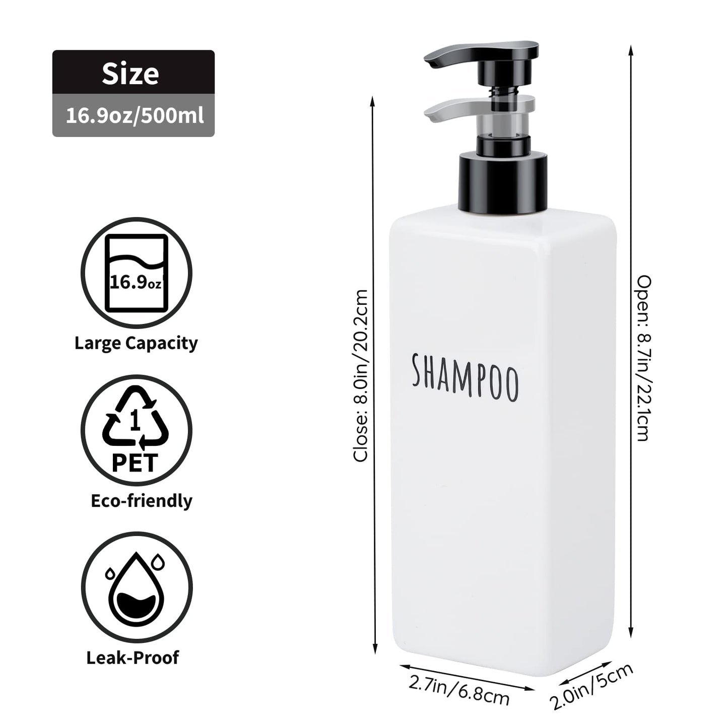 Segbeauty Plastic Soap Dispenser, 3pcs 16.9oz Refillable Shampoo Bottles White, 500ml Empty Square Pump Press Bottle Shower Dispenser Lotion Container for Modern Bathroom Hotel Kitchen