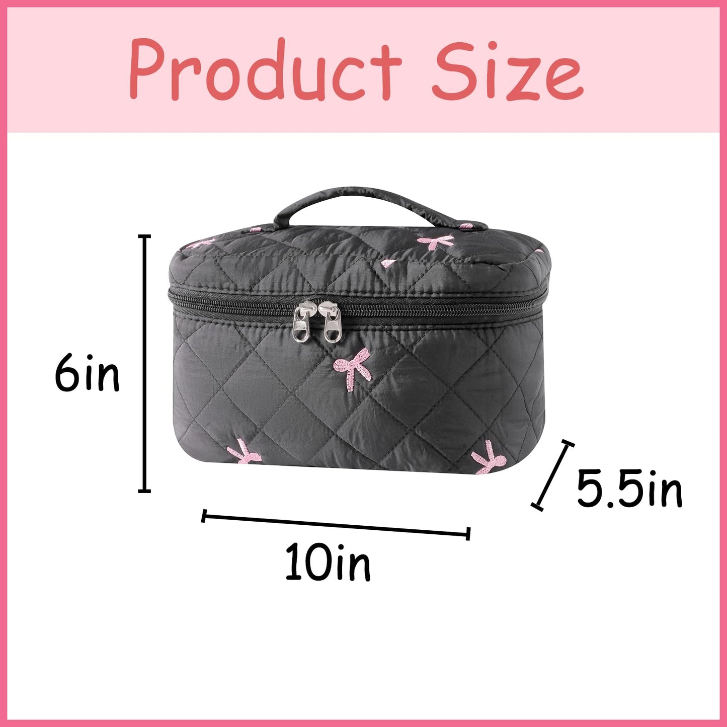 uekeboag Large Travel Quilted Makeup Bag for Women, Floral Cotton Cosmetic Bag, Coquette Aesthetic Floral Toiletry Organizer Bag(13Black Bow