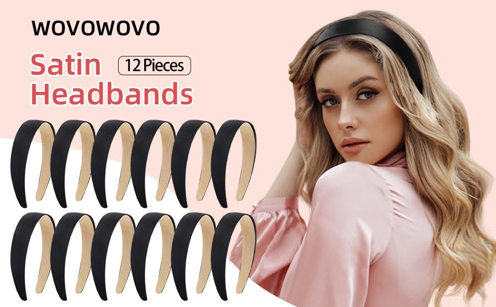 WOVOWOVO 12 Pack Black Satin Headbands for Women, 1.3 Inch Wide Girls Hairband Headband Non-Slip Head Band Cute Fashion Colorful Halloween DIY Ribbon Headbands Accessories