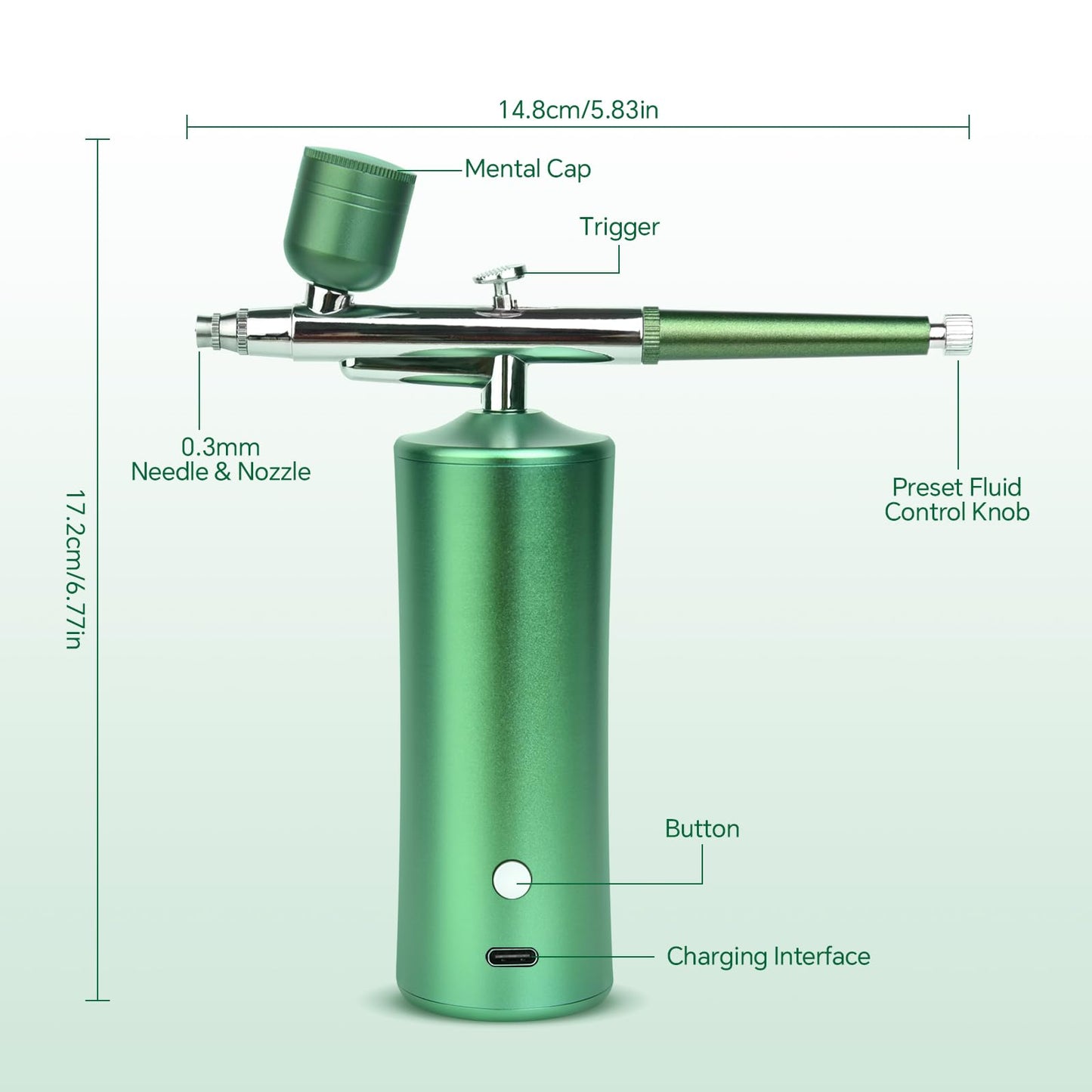 siyuwuro Airbrush Kit with Compressor Rechargeable Cordless 0.3mm Nozzle Airbrush Portable Adjustable Handheld Airbrush Set for Nail Art, Makeup, Painting, Cake Decorating, Green