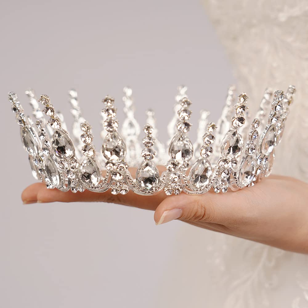 JWICOS Silver Tiaras and Crowns for Women Round Crystal Queen Crowns for Women Princess Tiara with Rhinestone for Girls Wedding Crown for Prom Bridal Party Christmas Gifts (Silver)