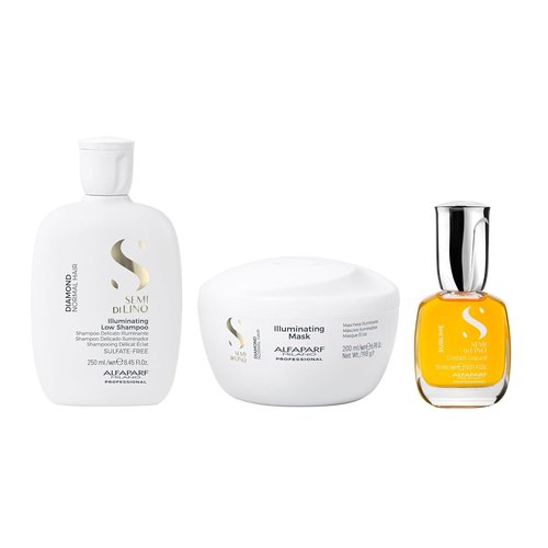 Alfaparf Milano Semi Di Lino Diamond Gift Set | Illuminating Care for Color Treated Hair - Sulfate Free Shampoo, Mask & Hair Oil Serum - Enhances Shine & Softness