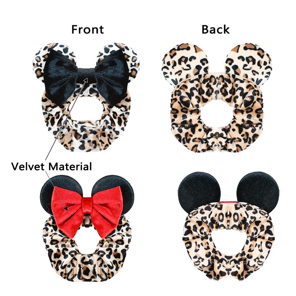 JIAHANG Velvet Cheeath Mouse Ear Hair Scrunchies, Leopard Print Costume Sequins Bow Ponytail Holder Elastic Hair Tie 4 Pack for Girls Women (leopard set)