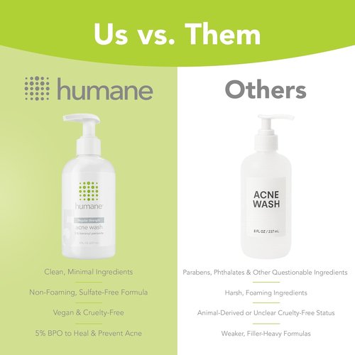 humane Benzoyl Peroxide Face Wash - 5% Regular-Strength Acne Face Wash For Skin, Back & Body - 8 Fl Oz - Dermatologist-Tested Non-Foaming Cleanser - Benzoyl Peroxide Acne Treatment - Cruelty-Free