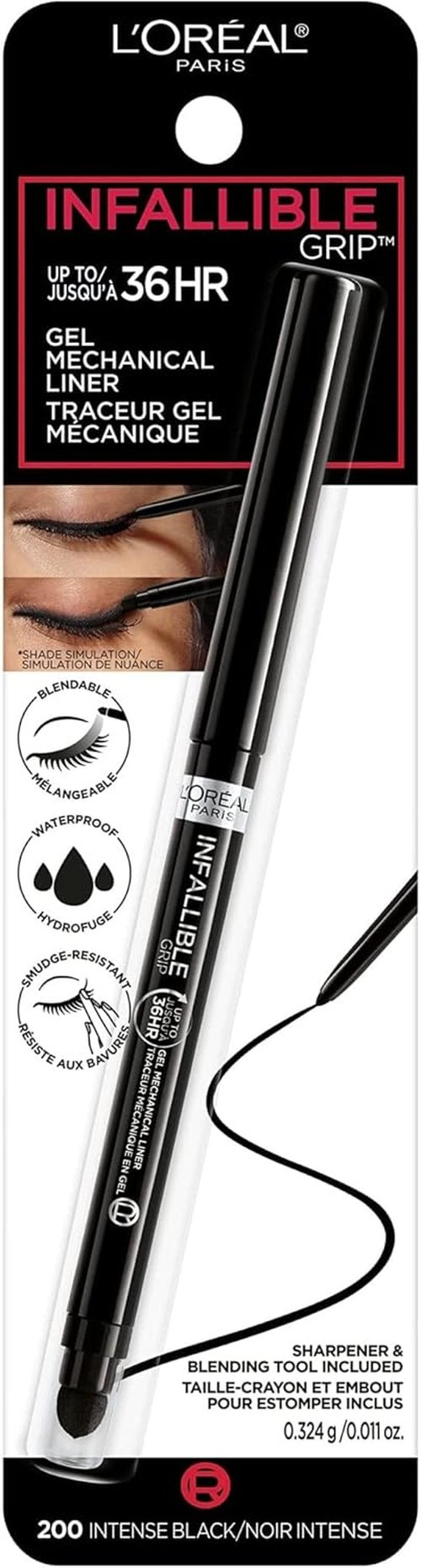 L'Oreal Paris Infallible Grip Gel Eyeliner Pencil - Waterproof, Smudge-Resistant, Intense Black, 0.01 Oz