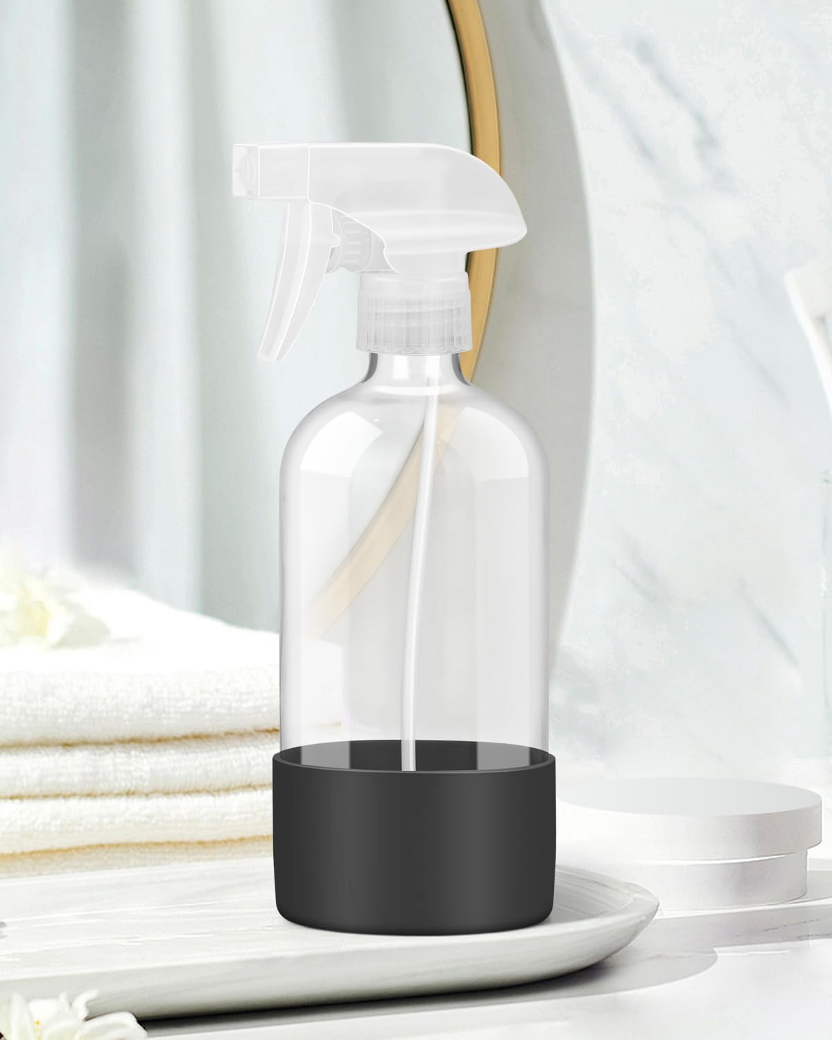 Rionisor Glass Spray Bottles with Silicone Sleeve Protection, Empty 16OZ Reusable Spray Bottles, Refillable Containers with Spray Nozzles for Cleaning Solutions, Plants and Essential Oils 1 Pack Black