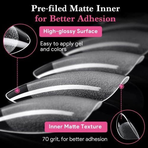 Qiek Extra Short Almond False Nail Tips, 15 Sizes 510 PCS Clear Soft Press On Fake Nail Pre-shaped Half Matte Full Cover Gel Nail Tips Extensions Thick Long Lasting for DIY Beginners & Salon Manicure