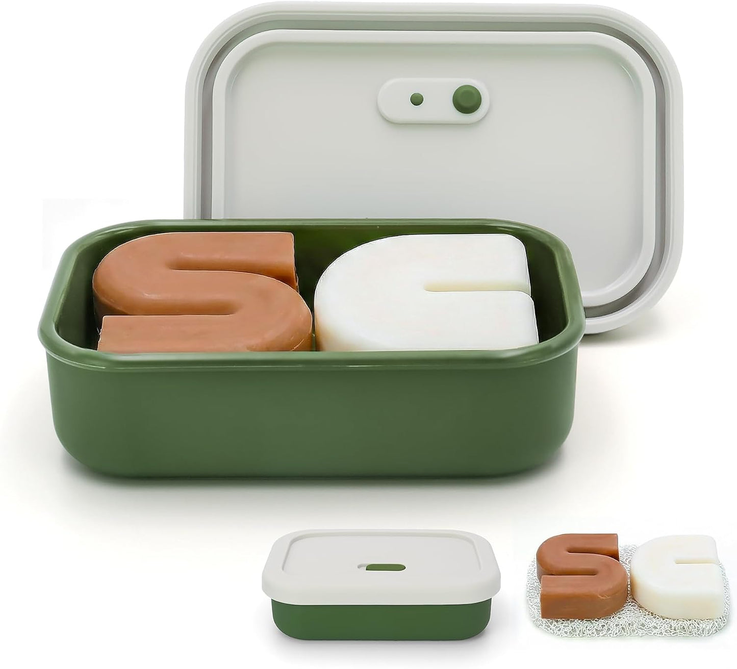 Skiennix Travel Soap Case - Silicone Leak Proof Design | Large Vented Shampoo Bar Holder in Offwhite & Green