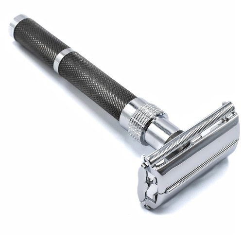 Parker 96R Graphite Gray Butterfly Safety Razor - Long Handle with 5 Premium Blades Included