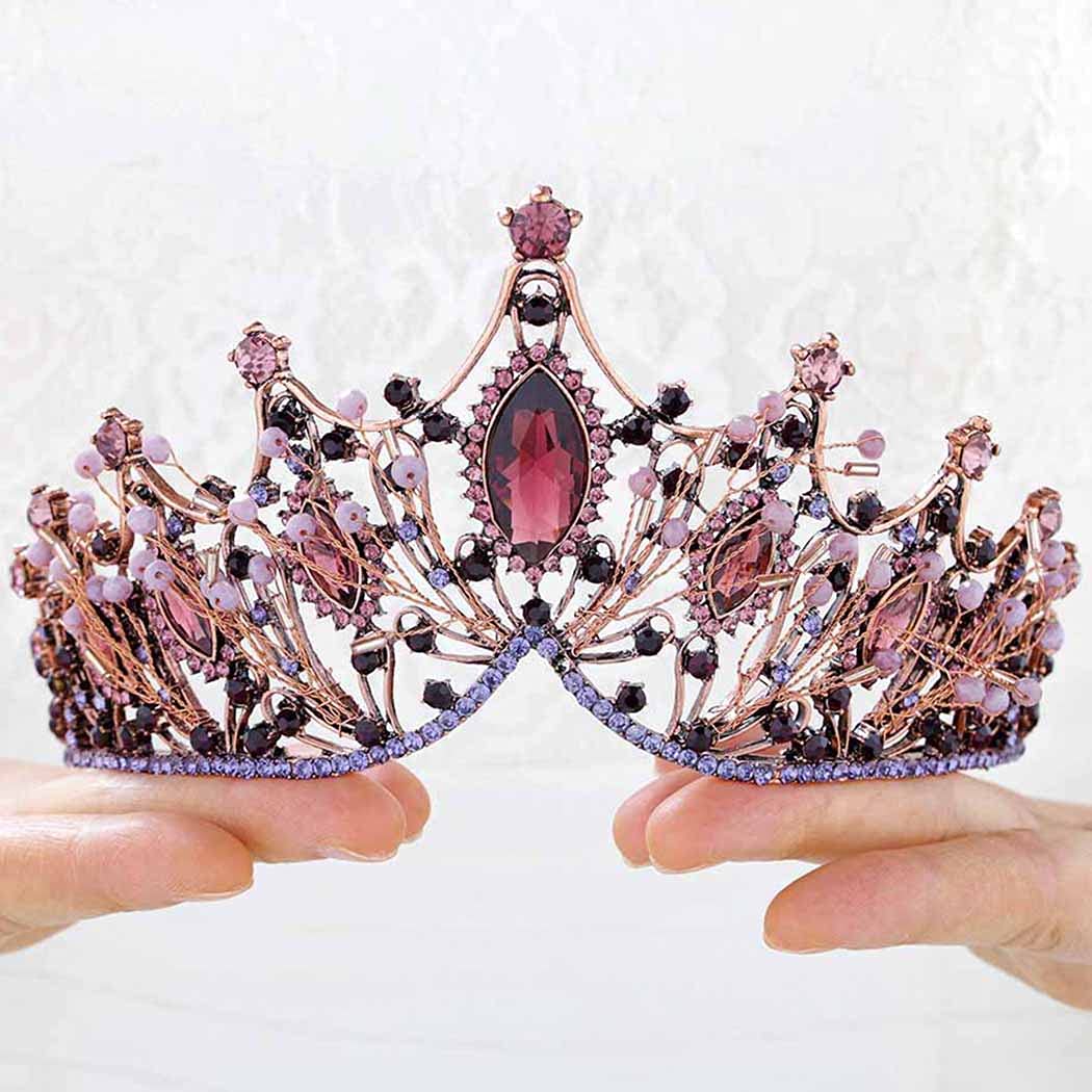 Obmyec Crystal Baroque Crown Rhinestone Purple Tiaras Earring Headpieces Halloween Hair Accessories Party Bridal Head Crowns for Women