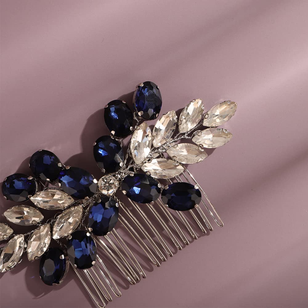 Teyglen Bridal Crystal Hair Comb Full Blue Rhinestone Wedding Hair Comb Hair Accessories Sparkly Crystal Hair Piece Bridal Headpiece for Women Girls(Dark Blue)