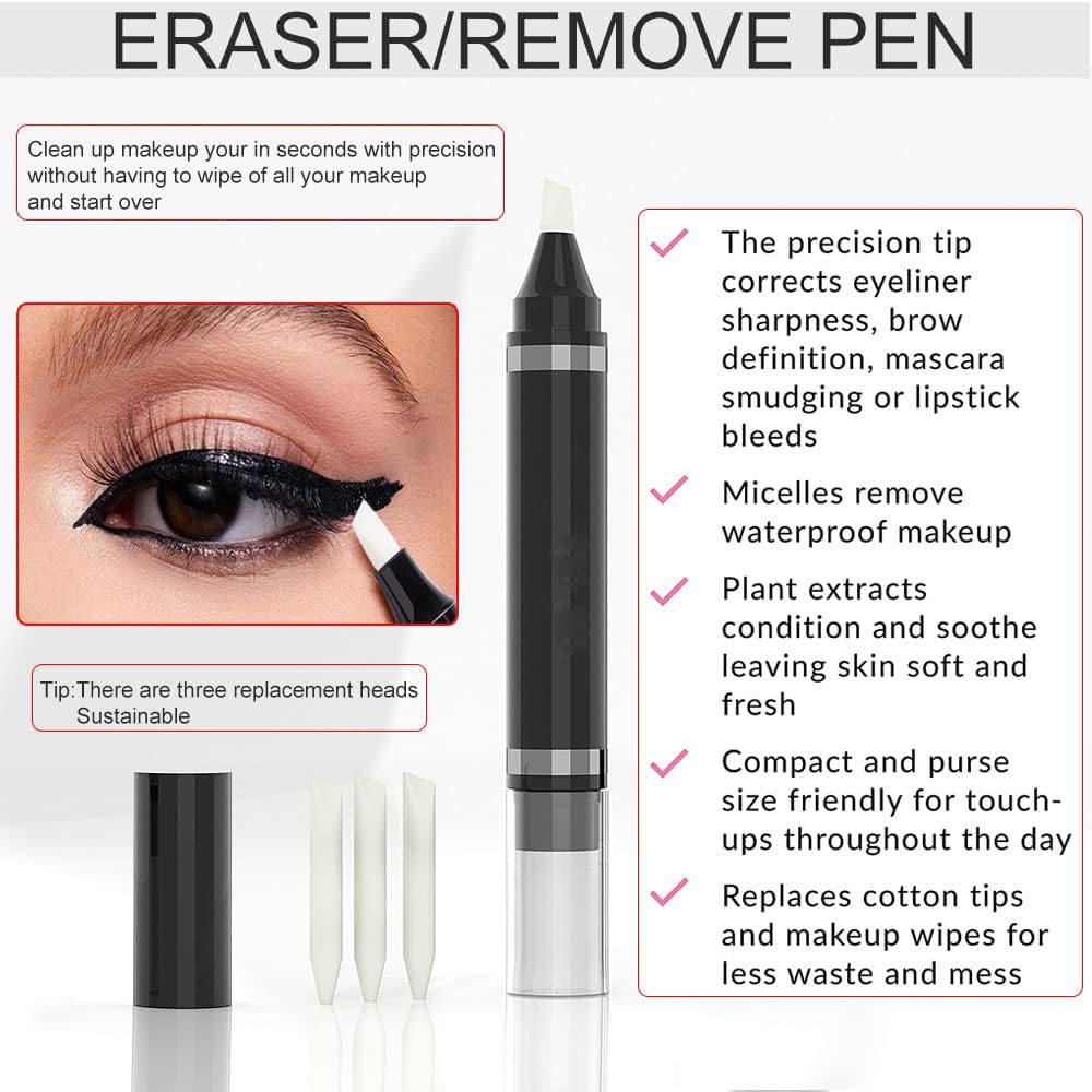 Skiennix Eye Makeup Remover Pen - Instant Touch-Up Eraser for Lipstick & Eyeliner | Travel-Friendly with 3 Replacement Heads