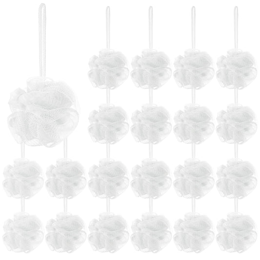 Shellwei 24 Pcs 3 Inch Mini Loofah Travel Size Bulk Shower Sponge Pouf Mesh for Women Kids Men Exfoliating Body Scrubber Baby Shower Favor(White)