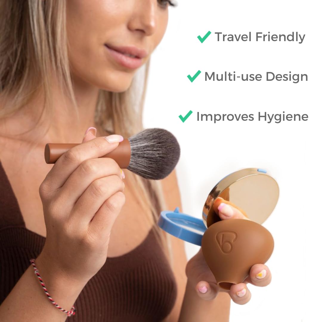 Travel Makeup Brush Set With Brush Bubble Silicone Makeup Brush Cover- Brown Matte. Travel Powder Brush with Compact makeup brush handle. Vegan Bristles.
