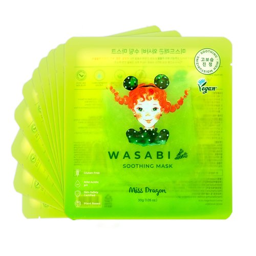 Miss Dragon Wasabi Soothing Mask – Calming & Hydrating Korean Face Masks (10 Pack) with Hyaluronic Acid