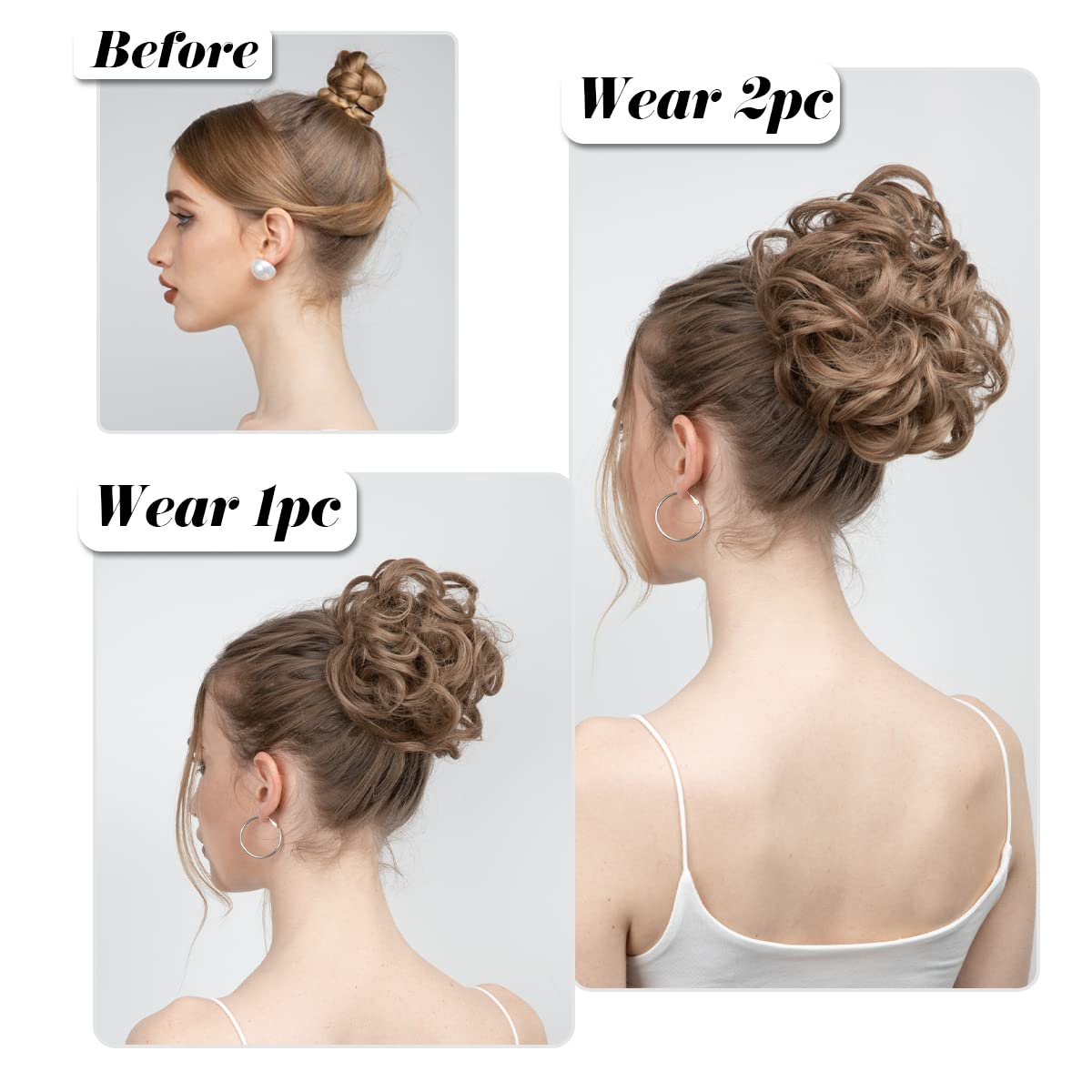 SARLA 2PCS Messy Hair Bun Hair Pieces Wavy Curly Synthetic Updo Fake Scrunchies Ponytail Extension for Women Salt and Pepper