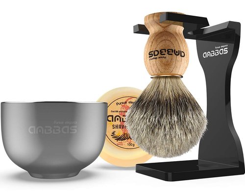 Anbbas Pure Badger Hair Shaving Brush Solid Manchurian Ash Wood Handle,Black Broken-Resistant Acrylic Shaving Stand,Stainless Steel Shaving Bowl Dia 3.2 inch and Goat Milk Soap 100g 4IN1 Set for Men