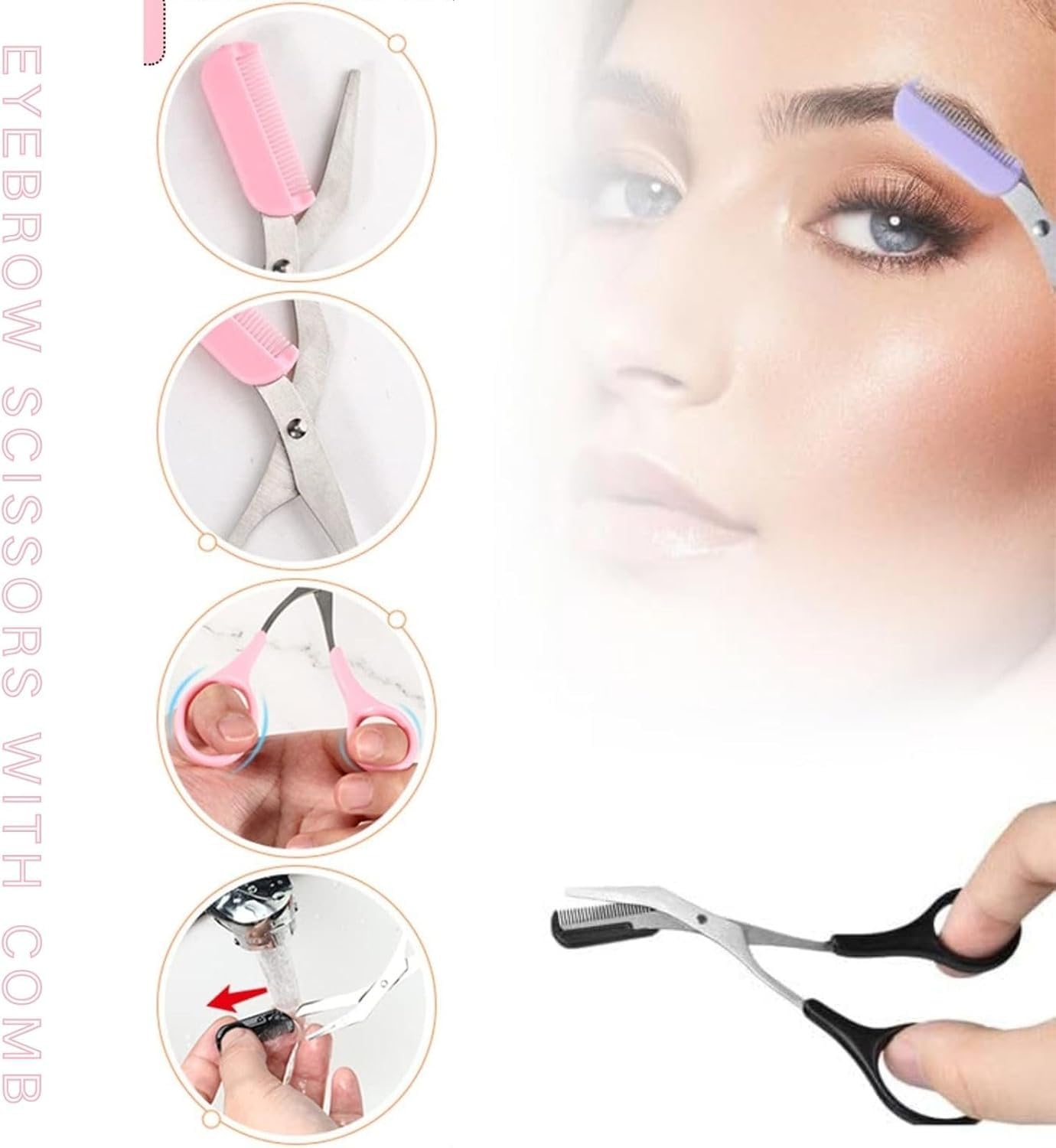 Upgraded Eyebrow Trimmer Scissors with Comb, 2 in 1 Eyebrow Trimmer Scissor,Curved Eye Brow Razor, Non-Slip Stainless Steel Eyebrow Scissor Trimmer, Beauty Gift for Men Women (Pink+Purple+Black)
