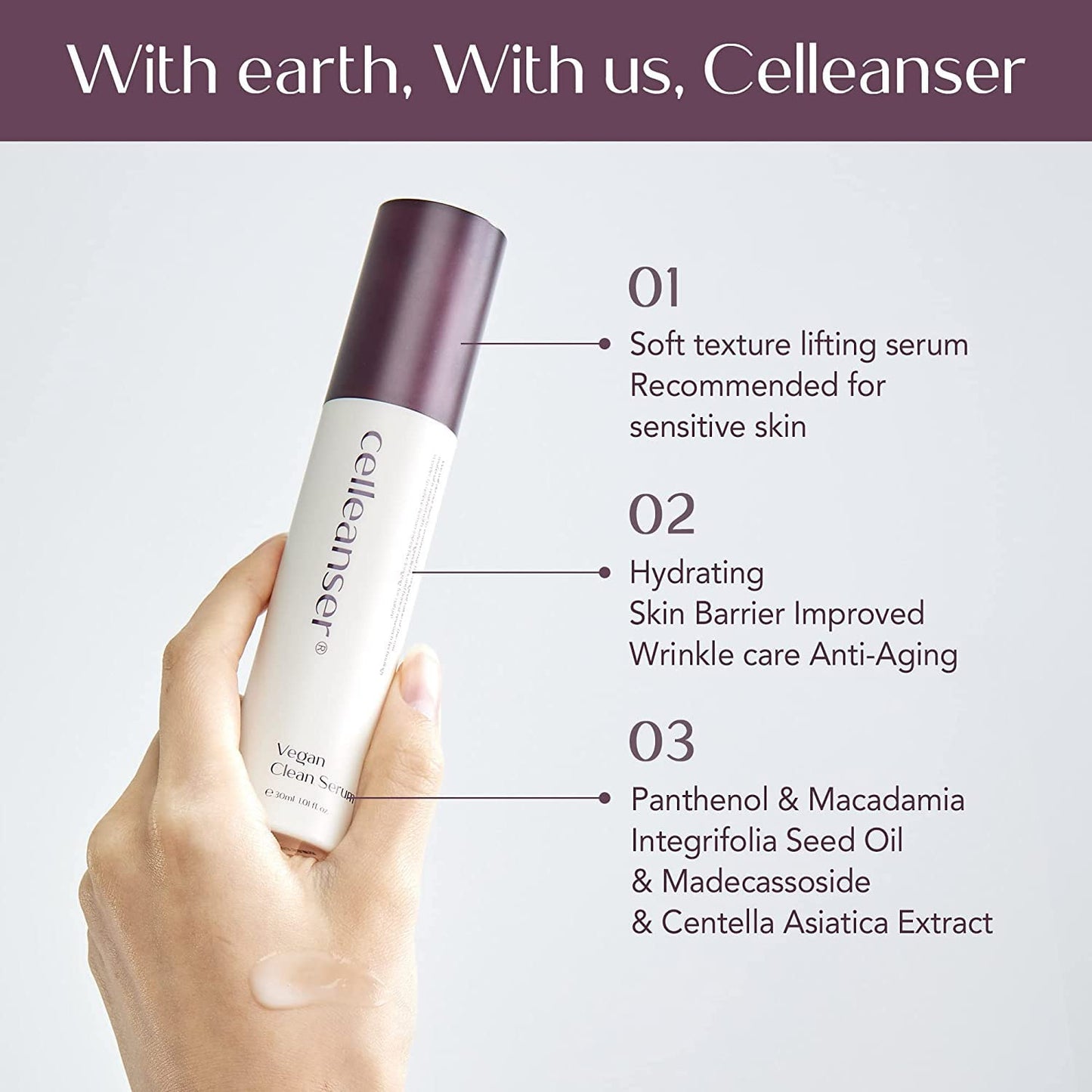 Vegan Clean Serum - Moisturizing Facial Serum with Panthenol & Madecassoside | Non-Greasy, 1.01 Fl Oz