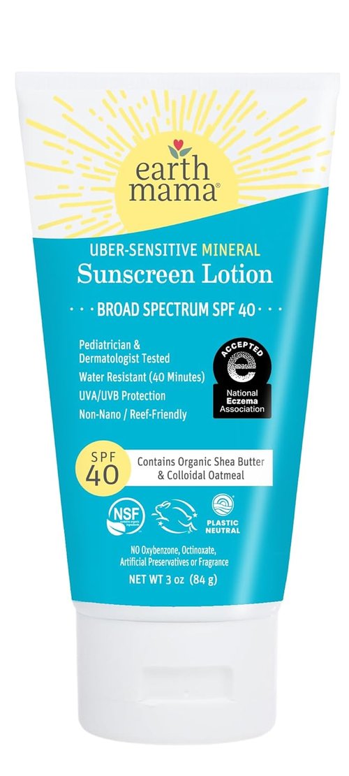 Earth Mama Uber-Sensitive Mineral Sunscreen Lotion SPF 40 - Non-Nano Zinc & Organic Colloidal Oatmeal | 3-Ounce Eczema Cream for Baby, Kid & Family