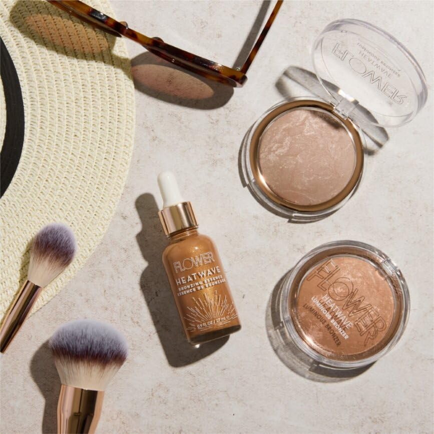 FLOWER Beauty By Drew Barrymore Heatwave Luminous Bronzer - Bronzer Powder Makeup - Warm Luminous Finish + Sunkissed Skin - Shimmering Powder - Ambient Glow - Cruelty-Free + Vegan (Sunswept)