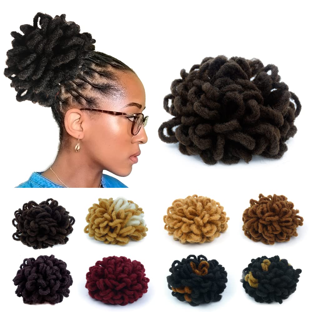 KGBFASS Loc Ponytail Drawstring Dreadlock Bun Petal Curly Faux Locs Braided Ponytails Short Chignon Synthetic Clip in Hair Extensions(4#)