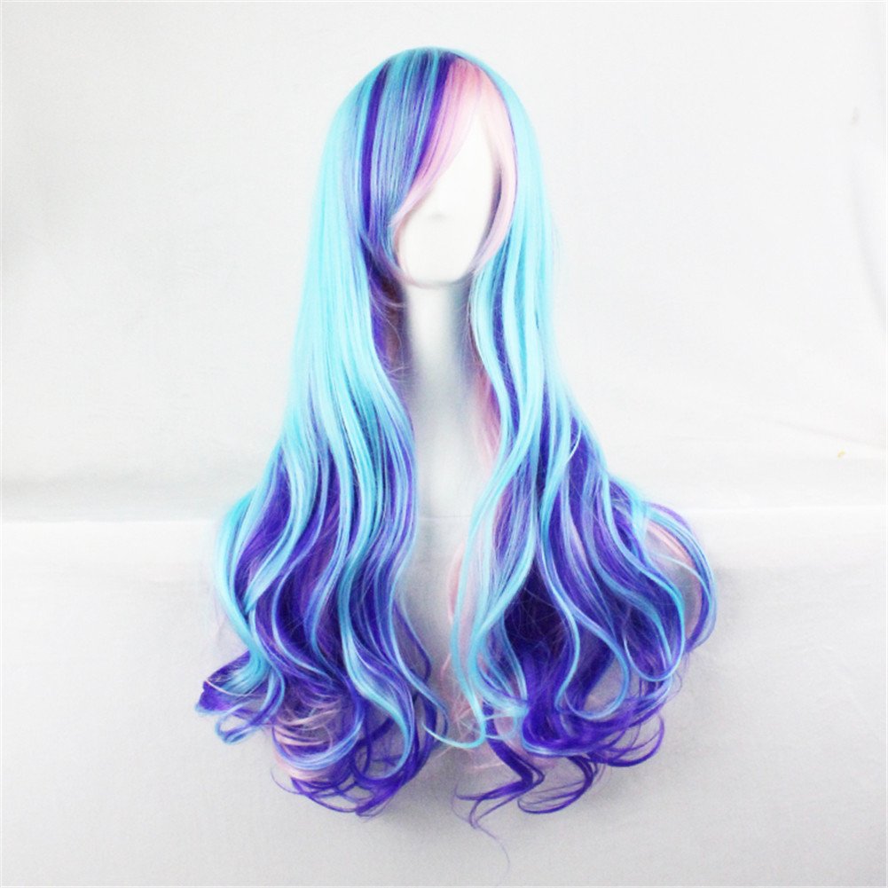 Sharebeauty 28" Mix Blue and Purple Ombre Long Wavy Curly Women Wig with Side Bangs Cosplay Costume Halloween Party Wig