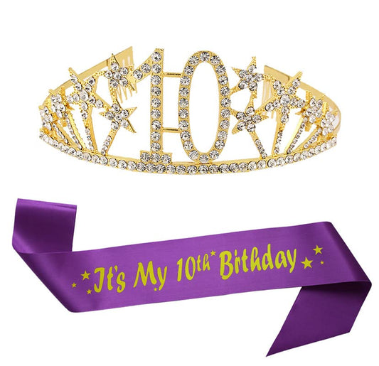 Happy 10th Birthday Tiara and Sash Gifts Crystal Rhinestone Princess Crown Birthday Girl Party Favor Supplies Gold Crowns Purple Sash