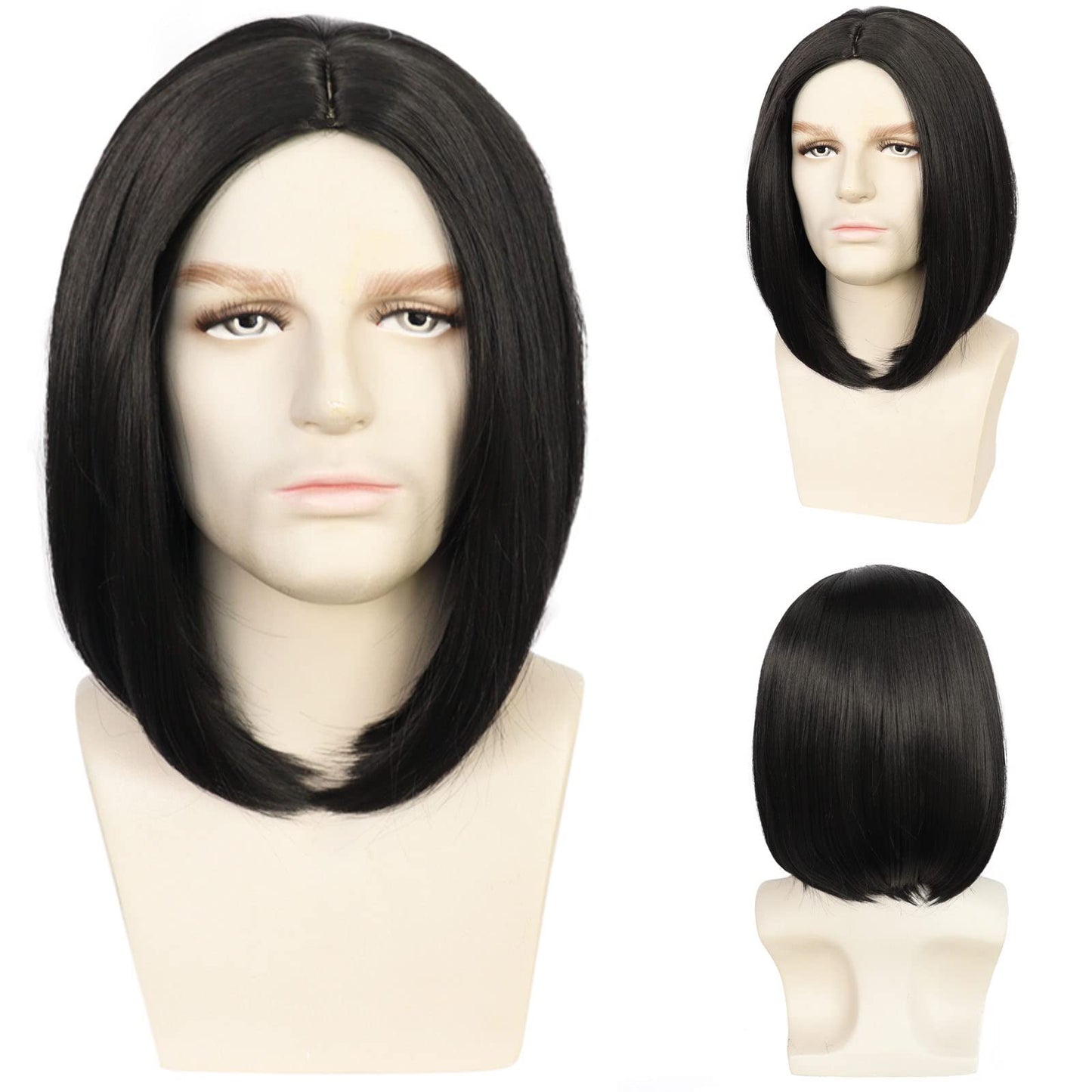 HUNIGIR Mens Black Wig Middle Part Wick Wig Shoulder Length Male Straight Wig Vincent Costume Wig Heat Resistant Synthetic Hair Halloween Cosplay Wig (Black)